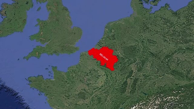 Belgium Country Highlighted in Red on Satellite Map Zoom In Animation