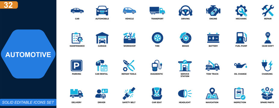 Automotive icon set for cars and vehicles. car, automobile, transport, driving, engine, mechanic, repair, maintenance. Editable icons collection. Vector.