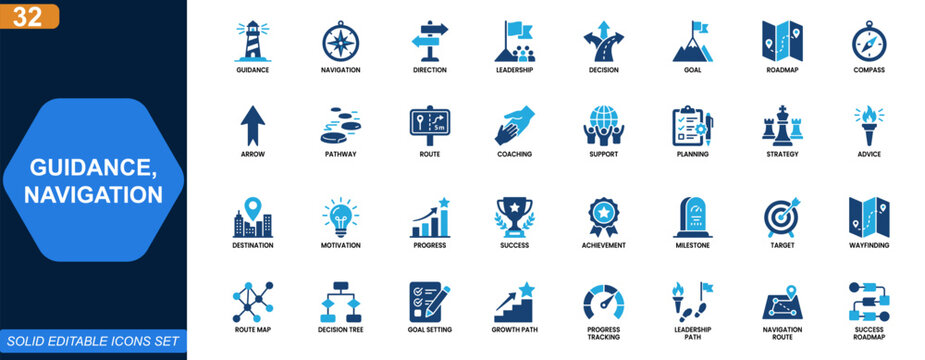 Guidance and navigation icon set for leadership direction and decision making. arrow, compass, roadmap, goal, coaching, support, planning. Editable icons collection. Vector.