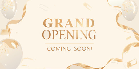 Grand opening banner with golden balloons and ribbons elegant design © Mityunjoy