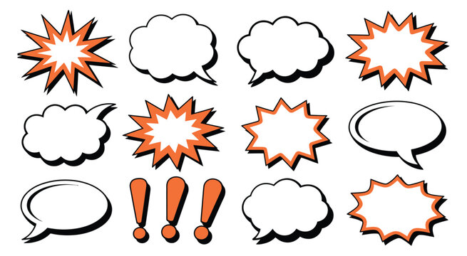 Bubble Comic Speech Thought and Burst Shapes Set, Doodle Style Vector Collection for Dialogue Balloons, Cartoon Expressions, Pop Art Elements, Messaging Graphics, and Creative 