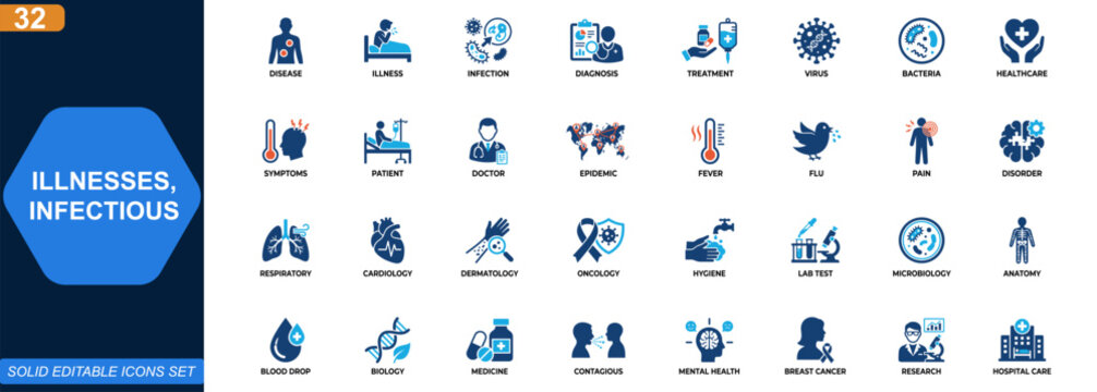Common illnesses and infectious diseases icon set. Diagnosis, symptoms, treatment, infection, virus, bacteria, patient care, healthcare. Editable icons collection. Vector.
