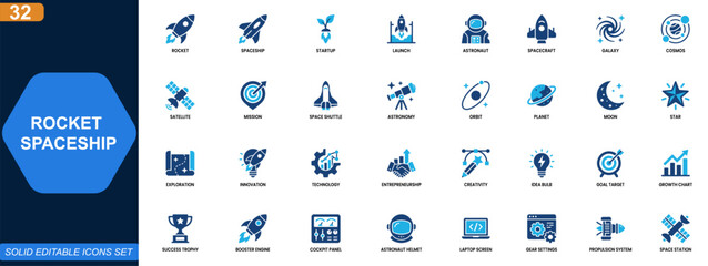 Rocket and spaceship icon set for startup and space innovation. Launch, astronaut, galaxy, cosmos, satellite, mission, technology growth. Editable icons collection. Vector. © aura studio