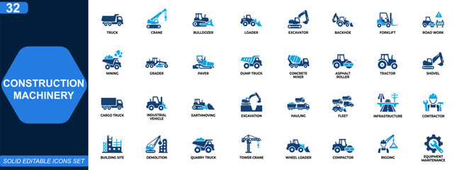 Construction machinery icon set. Heavy equipment, trucks, cranes, bulldozers, loaders, excavation vehicles, road construction, mining transport. Editable icons collection. Vector. © aura studio