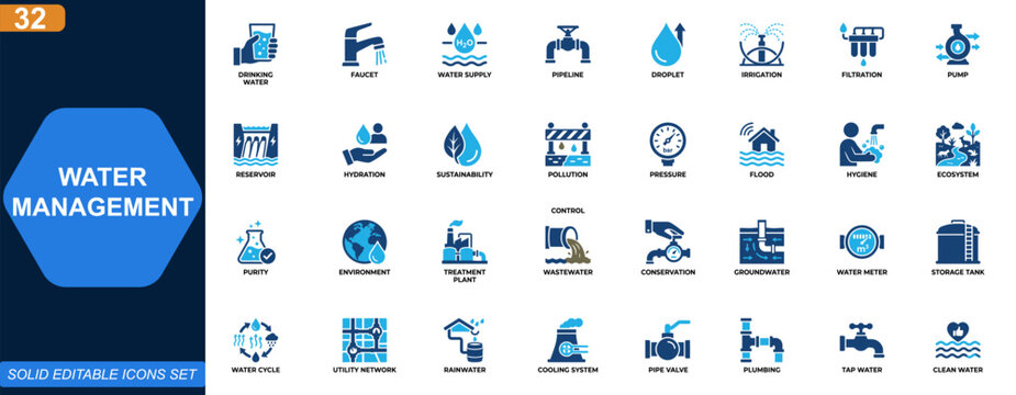 Water management icon set. Drinking water, plumbing, irrigation, reservoir, filtration, pollution control, sustainability, supply network. Editable icons collection. Vector.