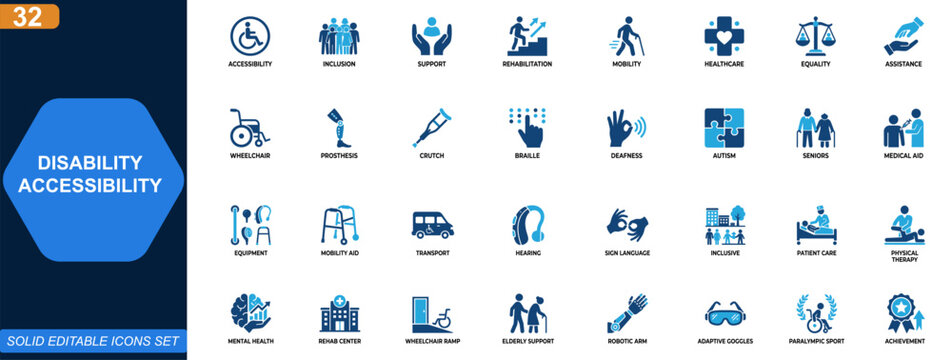 Disability and accessibility icon set. Inclusive support, rehabilitation, medical aid, mobility assistance, equality, healthcare, diversity, assistive equipment. Editable icons collection. Vector.