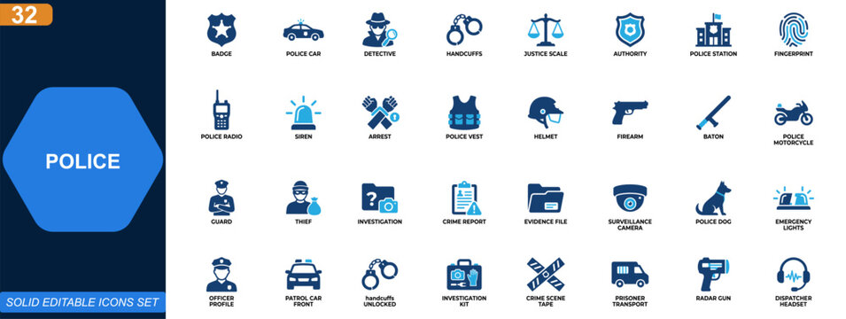 Police icon set. Law enforcement, crime prevention, security, justice authority, patrol officers, badges, police car, investigation tools. Editable icons collection. Vector.