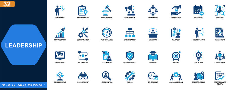 Leadership and management icon set for governance and corporate supervision. Teamwork, productivity, delegation, planning, staffing, coordination, performance. Editable icons collection. Vector.