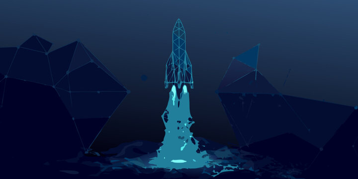space rocket launch polygonal illustration in dark blue tones
