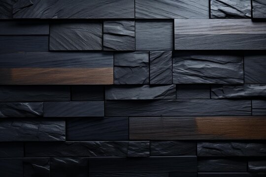Structured dark stone and wood panels creating a modern textured wall surface