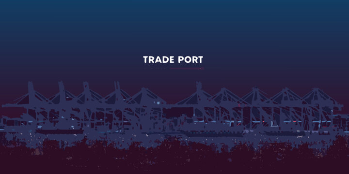 trade port silhouette with cranes and shipping containers dark blue