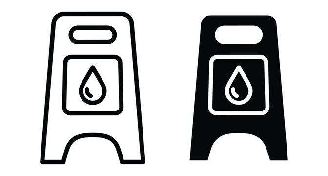 Wet floor caution sign icon set with water drop symbol for slippery surface warning safety notice in public areas