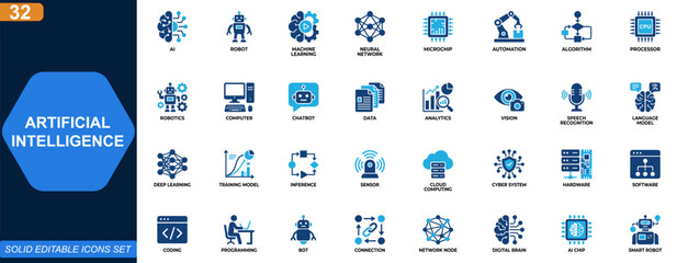Artificial intelligence icon set. AI, machine learning, neural network, robotics, microchip, automation, algorithm, data processing. Editable icons collection. Vector. © aura studio
