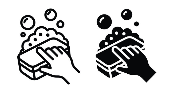 Hand holding sponge with soap bubbles icon set for cleaning washing hygiene housework chores maintenance sanitation and domestic service tasks
