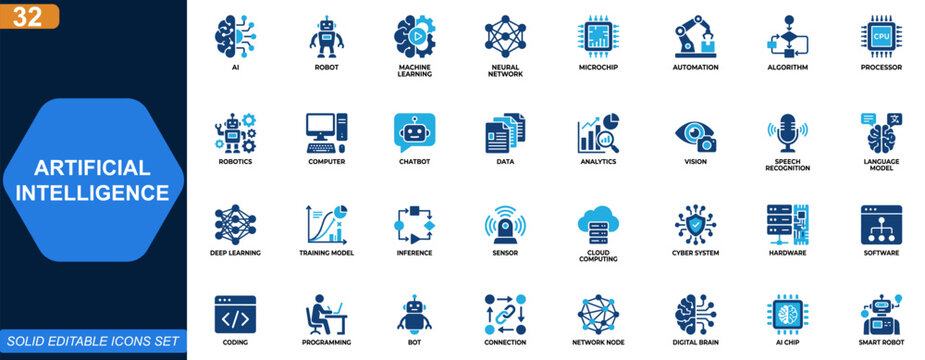 Artificial intelligence icon set. AI, machine learning, neural network, robotics, microchip, automation, algorithm, data processing. Editable icons collection. Vector.