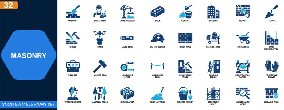 Masonry icon set for construction and brickwork tools. Bricklayer, cement, building, repair, safety, mixer, trowel, chisel, level, renovation. Editable icons collection. Vector.