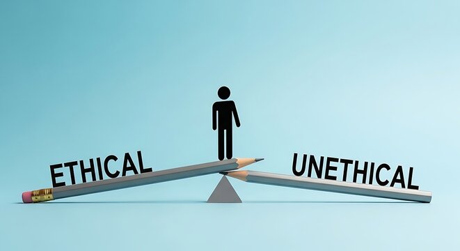 Ethical and unethical decision concept, human figure balancing on pencils over blue background, moral dilemma and business ethics metaphor