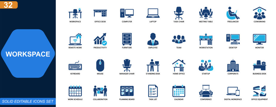 Workspace and office essentials icon set. Desk, computer, laptop, chair, meeting, freelancer, coworking, remote work, productivity, furniture. Editable icons collection. Vector.