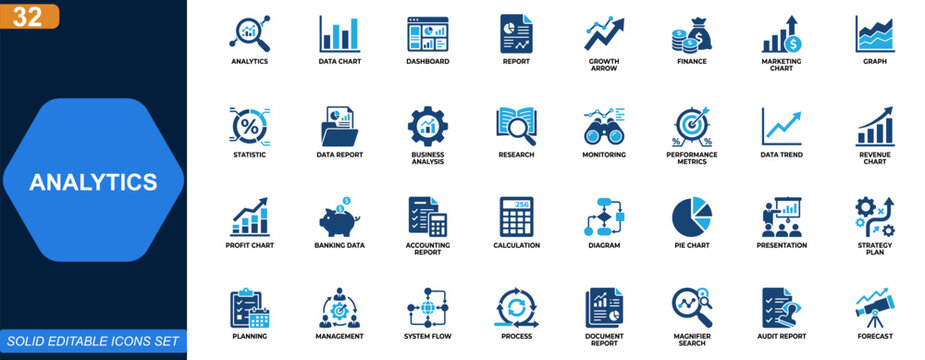 Analytics icon set for data analysis and business intelligence. analytics, chart, dashboard, report, growth, finance, marketing. Editable icons collection. Vector.