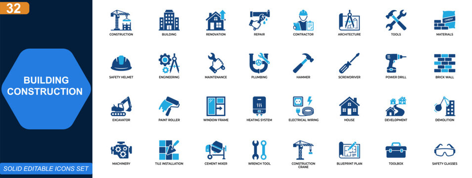 Building and construction icon set. Construction, renovation, repair, contractor, tools, materials, architecture, safety equipment. Editable icons collection. Vector.
