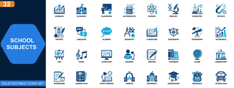 School subjects icon set. Education, mathematics, biology, chemistry, physics, language, history, science, learning, academic curriculum. Editable icons collection. Vector.