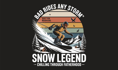 Snowboarder performing trick in stormy mountain landscape with vintage badge design © SMFARHANTANVIR