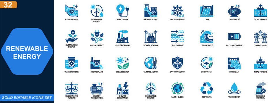 Hydropower and Renewable Energy Icon Set. Sustainable electricity, hydroelectric turbine, green power, dam station, tidal generation, environmental technology. Editable icons collection. Vector.
