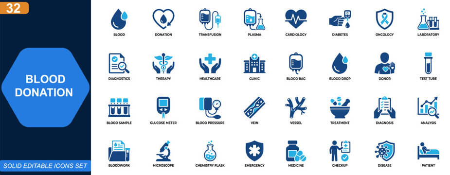 Blood donation and laboratory medical icon set. Transfusion, plasma therapy, cardiology, diabetes, oncology, diagnostics, research, healthcare, clinic, emergency. Editable icons collection. Vector.