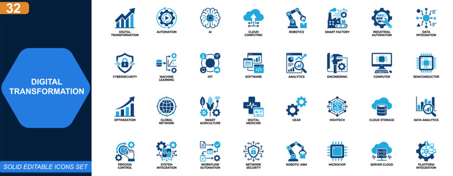 Digital transformation and automation icon set. AI, cloud computing, smart factory, robotics, IoT, data integration, software innovation, cybersecurity. Editable icons collection. Vector.