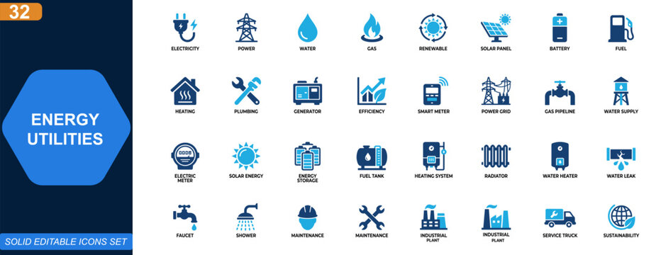 Energy and utilities icon set for power, water and gas infrastructure. Electricity, renewable energy, solar panels, fuel supply, heating systems. Editable icons collection. Vector.