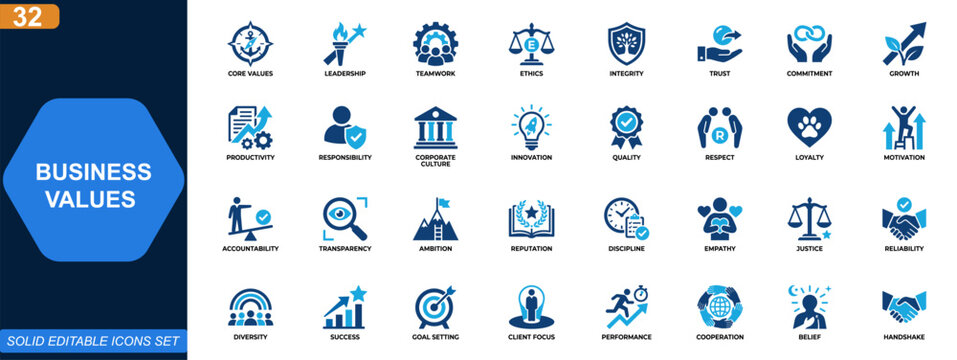 Core business values icon set. Leadership, teamwork, ethics, integrity, trust, growth, productivity, commitment, corporate culture, responsibility. Editable icons collection. Vector.