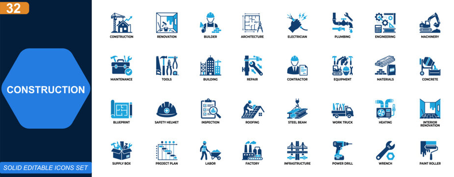 Construction and renovation icon set. Builder, architecture, electrician, plumbing, engineering, machinery, maintenance, tools, safety. Editable icons collection. Vector.