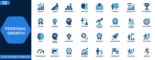 Fototapeta na wymiar Personal growth and career development icon set. Upskilling, education, training, productivity, innovation, achievement, mindset, success. Editable icons collection. Vector.