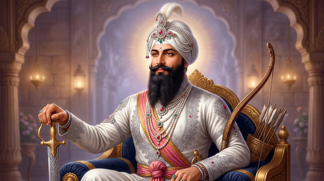 Guru Hargobind Sahib Ji Spiritual Portrait Artwork with Traditional Sikh Warrior Royal Heritage Theme