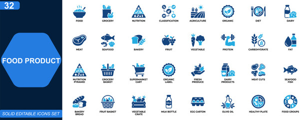 Fototapeta premium Food product classification icon set. Grocery categories, nutrition groups, organic produce, dairy, meat, seafood, bakery, healthy diet. Editable icons collection. Vector.