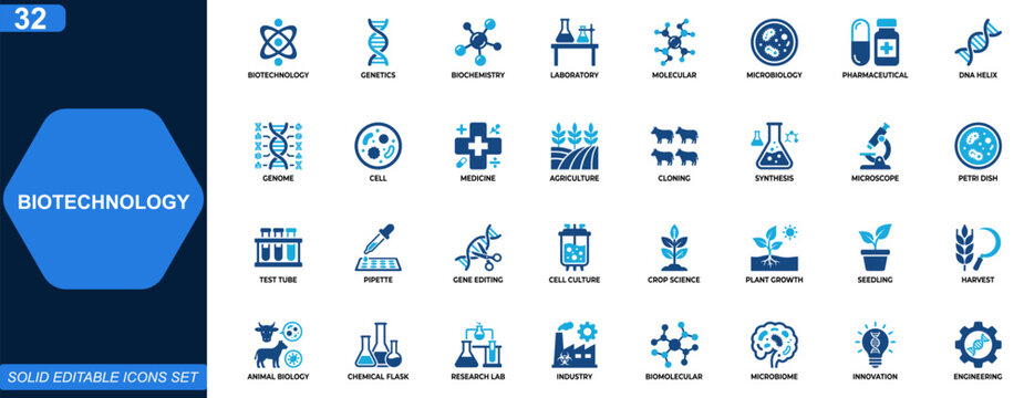 Biotechnology icon set. Genetics, biochemistry, molecular research, laboratory science, agriculture, pharmaceutical engineering, microbiology, DNA technology. Editable icons collection. Vector.