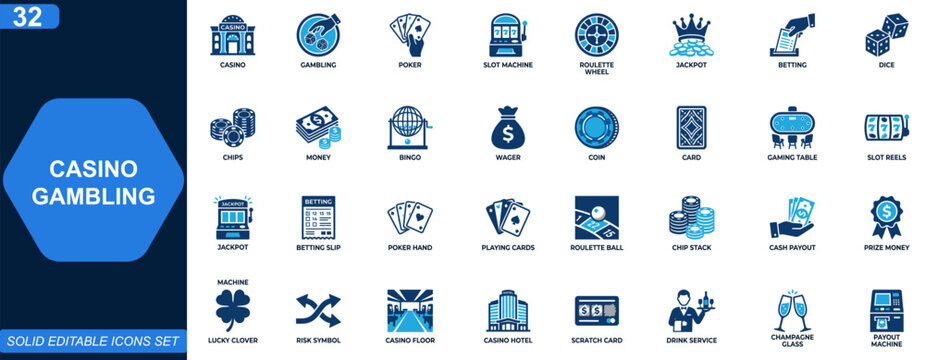 Casino gambling icon set. Poker, slot machine, roulette wheel, jackpot, dice, betting chips, cash winnings, bingo. Editable icons collection. Vector.