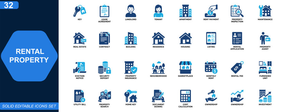 Rental property management icon set. Real estate, lease agreement, landlord, tenant, apartment listing, rent payment, property inspection, maintenance. Editable icons collection. Vector.