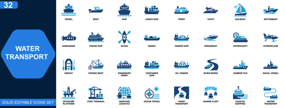 Water transport vessels icon set. Boats, ships, cargo carriers, ferries, yachts, sailboats, motorboats, submarines, maritime logistics, ocean travel. Editable icons collection. Vector.