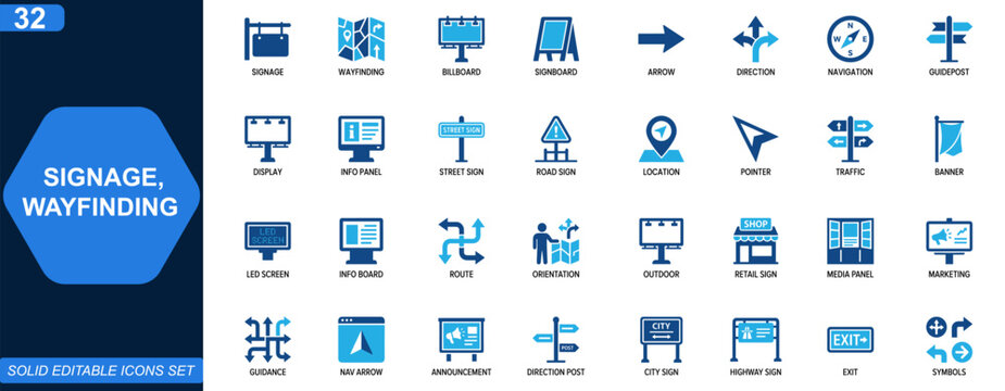 Signage and wayfinding icon set. Billboard, signboard, arrow direction, guidepost, advertising display, navigation marker, information panel. Editable icons collection. Vector.