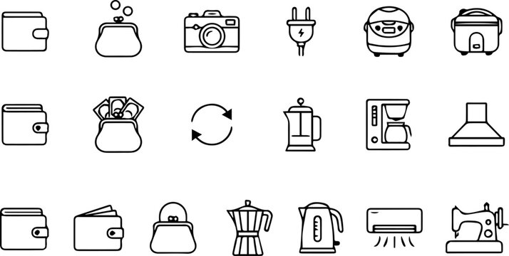 Minimalist line icon set featuring household appliances kitchen tools electronics and financial wallet vector graphics for app design