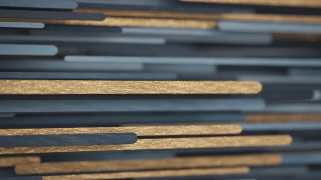 Abstract horizontal composition featuring a textured, layered arrangement of metallic bars in shades of gold and dark gray, creating a sophisticated, visually engaging pattern with a sense