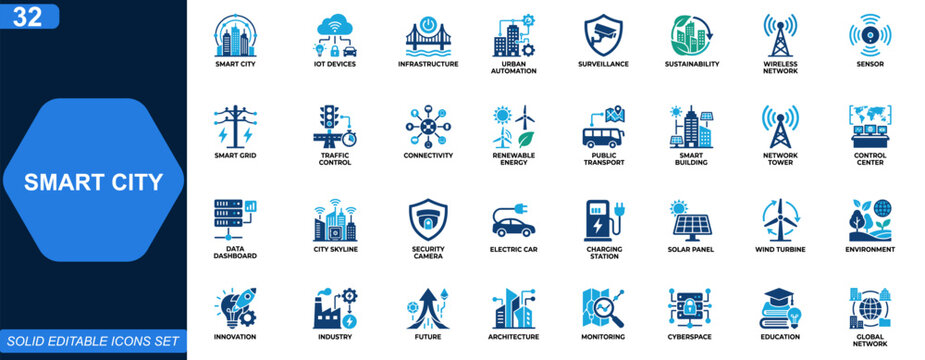Smart city icon set. IoT infrastructure, urban automation, wireless connectivity, smart grid, traffic control, surveillance, sustainable development. Editable icons collection. Vector.