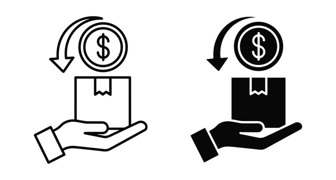 Hand holding cardboard box with dollar coin and return arrow representing product refund cashback money back guarantee and ecommerce logistics service
