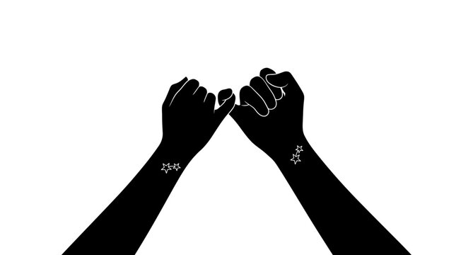 Two human hands silhouettes making a pinky promise gesture against a white background.