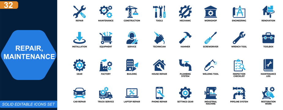 Repair and maintenance icon set. Construction, tools, mechanic, workshop, engineering, renovation, installation, equipment, service. Editable icons collection. Vector.