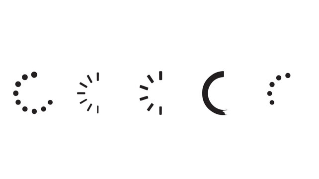 Minimalist loading progress bar icons, black circular buffer indicators on white background, set of 5 vector interface elements for web and app design