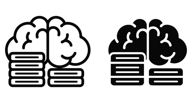 Human brain and data storage server icon set representing machine learning artificial intelligence cognitive computing big data processing and digital technology
