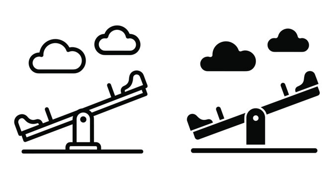 Seesaw icon set featuring outline and solid teeter totter designs with clouds for playground park recreation and childhood fun