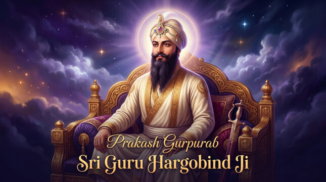 Prakash Gurpurab Sri Guru Hargobind Ji Spiritual Portrait Artwork with Divine Sikh Heritage Theme